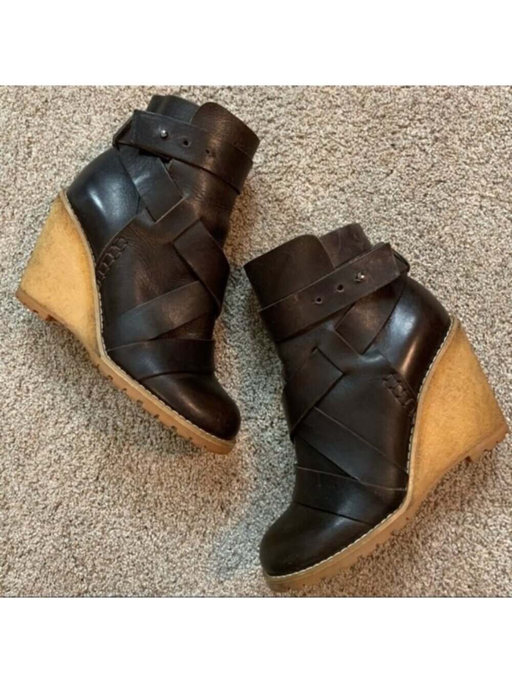 SEE by CHLOE Brown LEATHER Strappy ALEXA Honey WEDGE Ankle BOOTS Booties